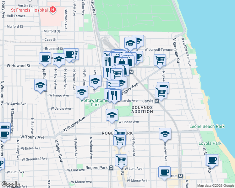 map of restaurants, bars, coffee shops, grocery stores, and more near 7416 North Rogers Avenue in Chicago