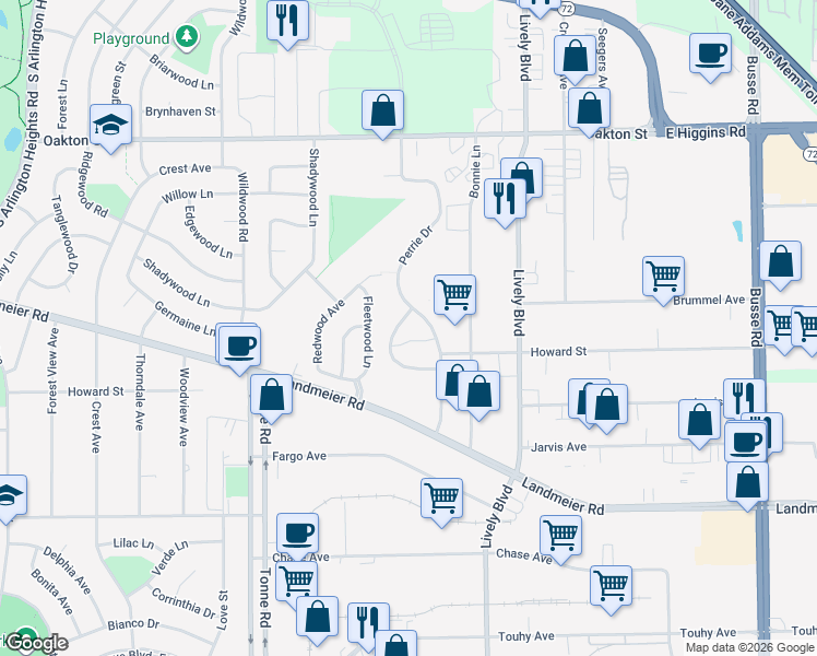 map of restaurants, bars, coffee shops, grocery stores, and more near 650 Perrie Drive in Elk Grove Village