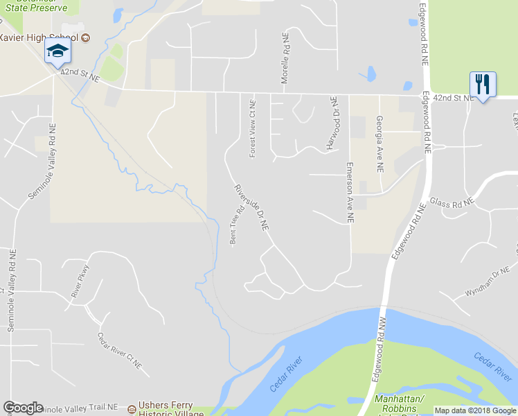 map of restaurants, bars, coffee shops, grocery stores, and more near 3659 Riverside Drive Northeast in Cedar Rapids