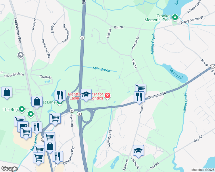 map of restaurants, bars, coffee shops, grocery stores, and more near 4 Mile Brook Road in Duxbury