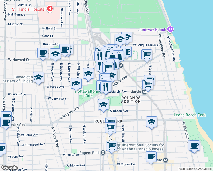 map of restaurants, bars, coffee shops, grocery stores, and more near 7411 North Clark Street in Chicago