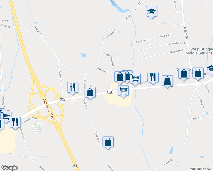 map of restaurants, bars, coffee shops, grocery stores, and more near 399 West Center Street in West Bridgewater