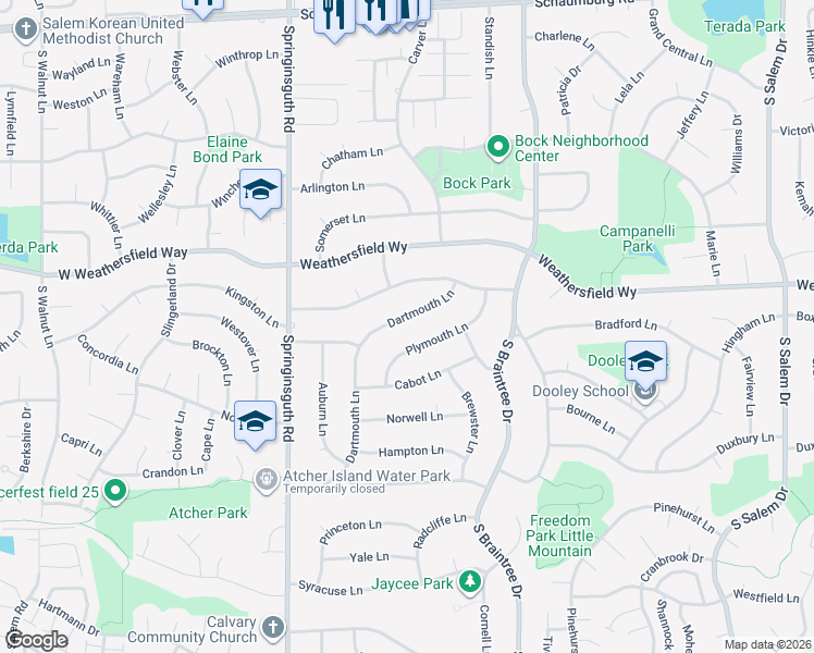 map of restaurants, bars, coffee shops, grocery stores, and more near 501 Dartmouth Lane in Schaumburg