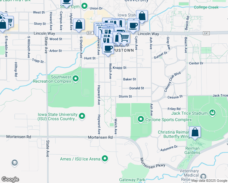 map of restaurants, bars, coffee shops, grocery stores, and more near 530 Welch Avenue in Ames