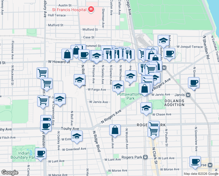 map of restaurants, bars, coffee shops, grocery stores, and more near 2002 West Fargo Avenue in Chicago