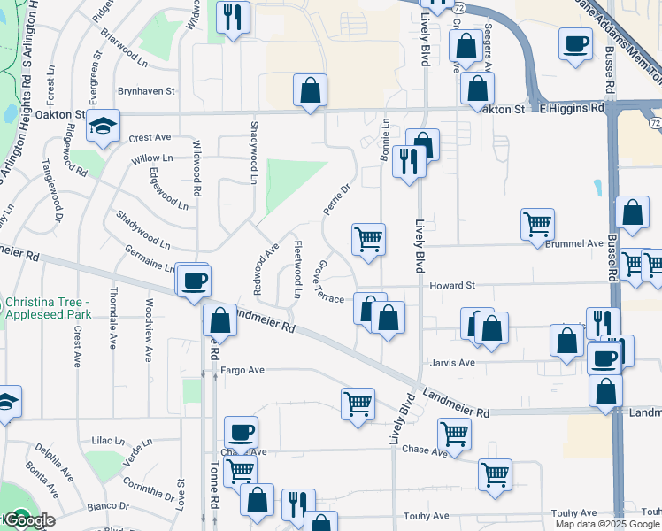 map of restaurants, bars, coffee shops, grocery stores, and more near 650 Perrie Drive in Elk Grove Village