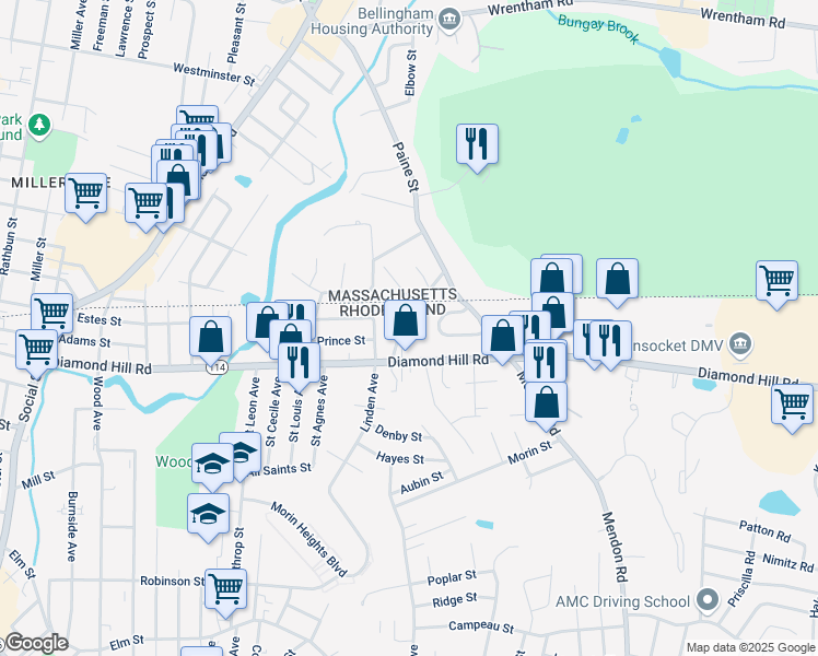map of restaurants, bars, coffee shops, grocery stores, and more near 75 Atlanta Street in Woonsocket