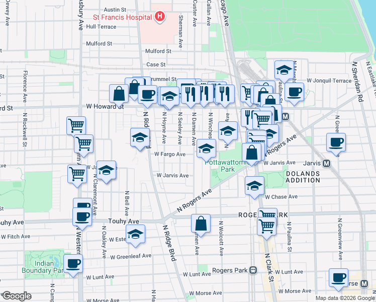 map of restaurants, bars, coffee shops, grocery stores, and more near 2002 West Fargo Avenue in Chicago