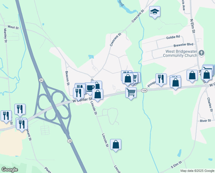 map of restaurants, bars, coffee shops, grocery stores, and more near 399 West Center Street in West Bridgewater