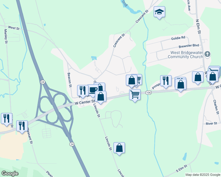 map of restaurants, bars, coffee shops, grocery stores, and more near 399 West Center Street in West Bridgewater