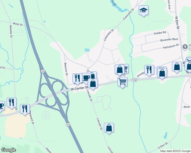 map of restaurants, bars, coffee shops, grocery stores, and more near 17 West Street in West Bridgewater