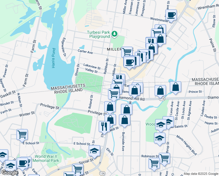 map of restaurants, bars, coffee shops, grocery stores, and more near 77 Adams Street in Woonsocket