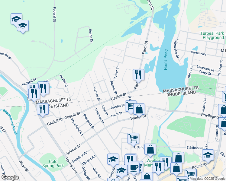 map of restaurants, bars, coffee shops, grocery stores, and more near 12 May Street in Blackstone