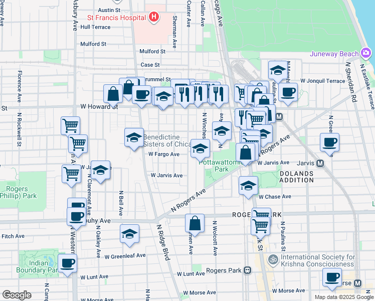 map of restaurants, bars, coffee shops, grocery stores, and more near 2002 West Fargo Avenue in Chicago