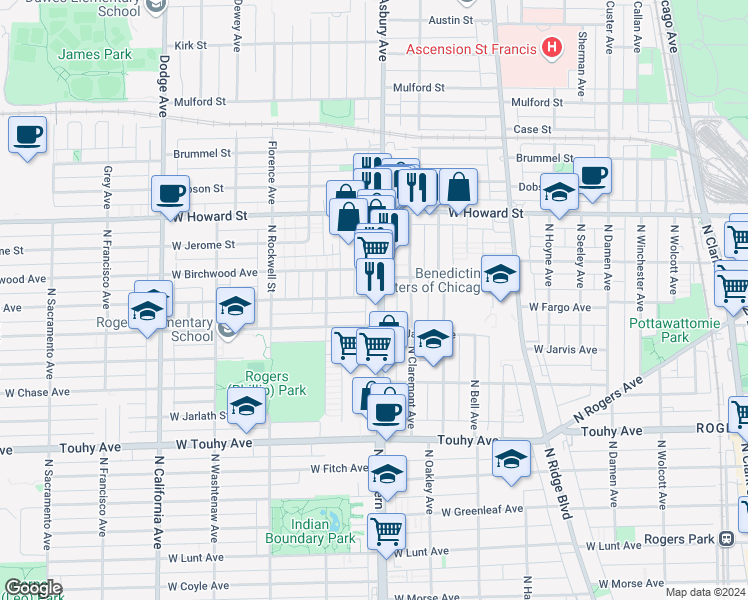 map of restaurants, bars, coffee shops, grocery stores, and more near 7425 North Western Avenue in Chicago