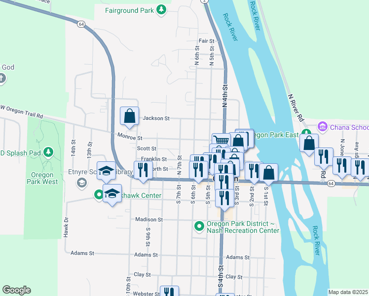 map of restaurants, bars, coffee shops, grocery stores, and more near 204 North 6th Street in Oregon