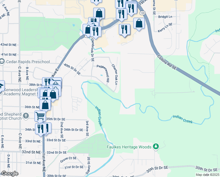 map of restaurants, bars, coffee shops, grocery stores, and more near 401-499 40th Street Drive Southeast in Cedar Rapids