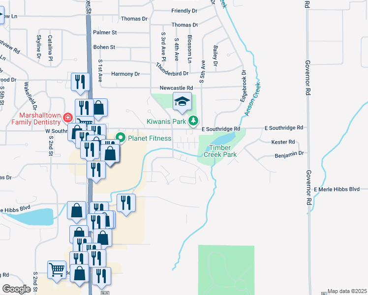map of restaurants, bars, coffee shops, grocery stores, and more near 403 Melody Lane in Marshalltown