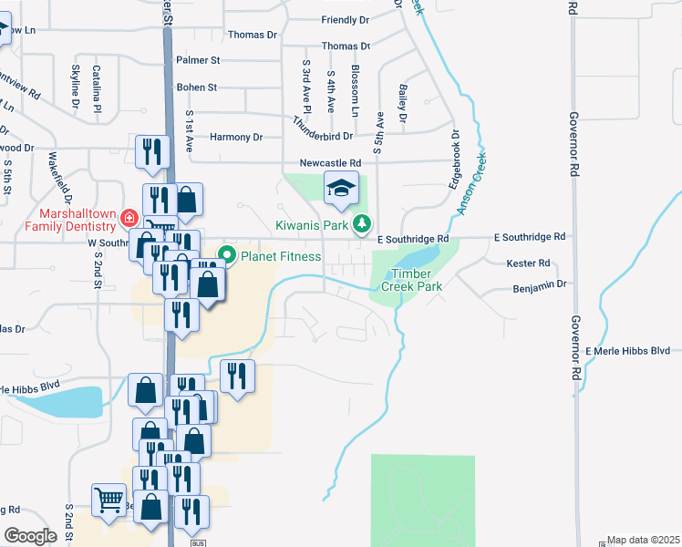 map of restaurants, bars, coffee shops, grocery stores, and more near 403 Melody Lane in Marshalltown