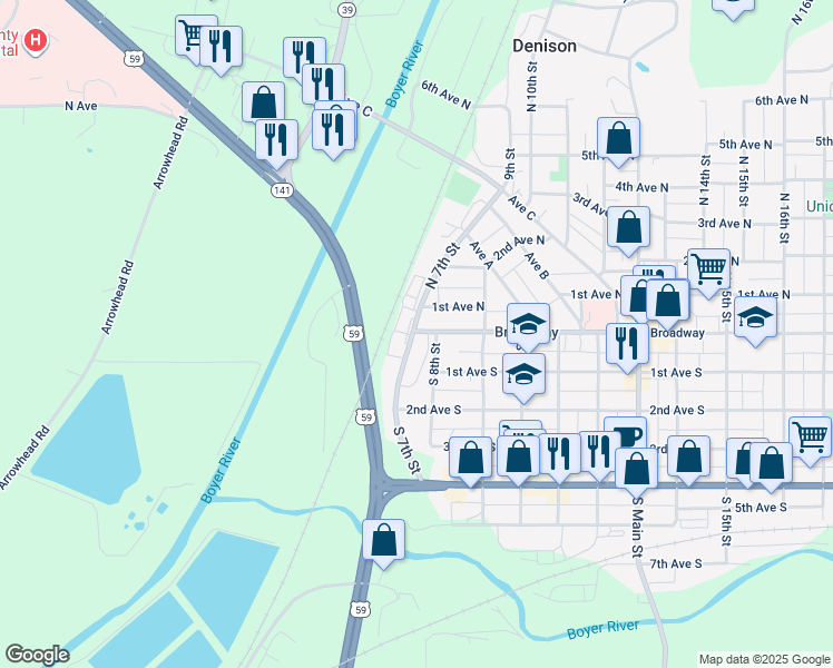 map of restaurants, bars, coffee shops, grocery stores, and more near 721 Broadway in Denison