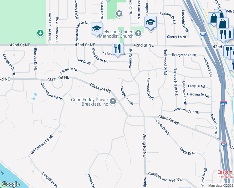map of restaurants, bars, coffee shops, grocery stores, and more near 2560 Glass Road Northeast in Cedar Rapids