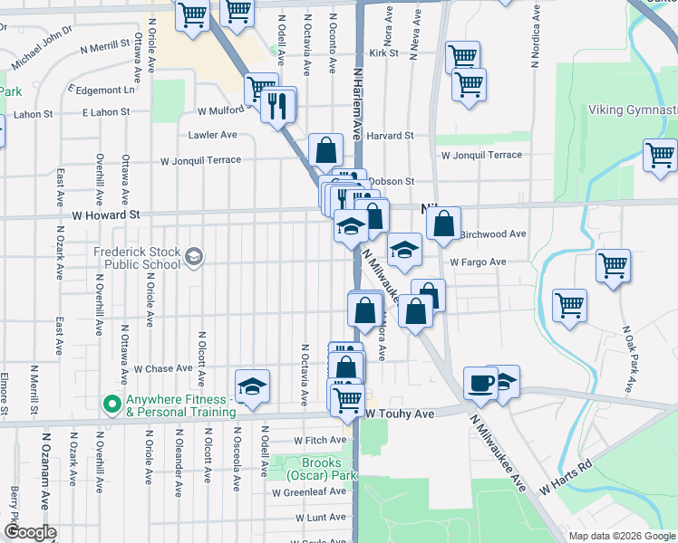 map of restaurants, bars, coffee shops, grocery stores, and more near 7436 North Harlem Avenue in Chicago