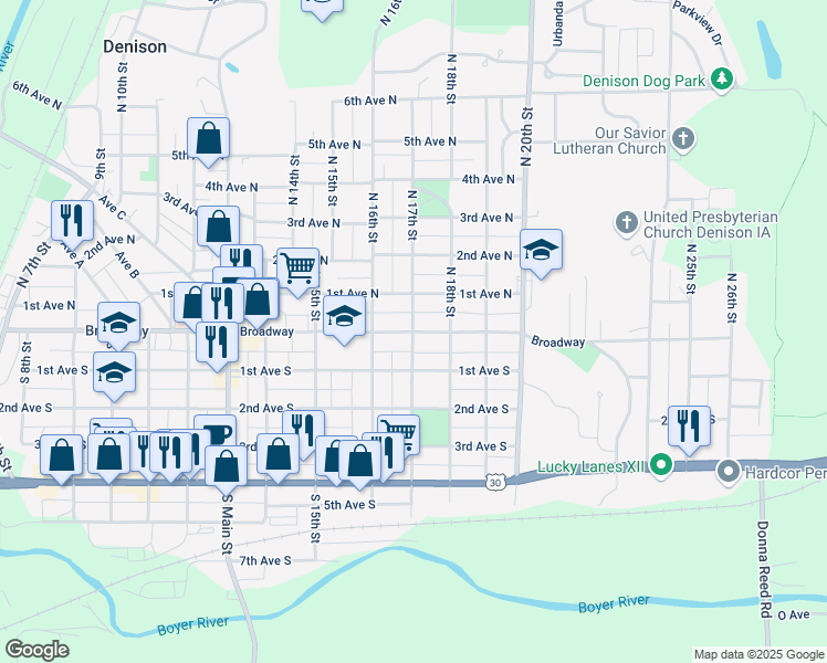 map of restaurants, bars, coffee shops, grocery stores, and more near 1701 Broadway in Denison