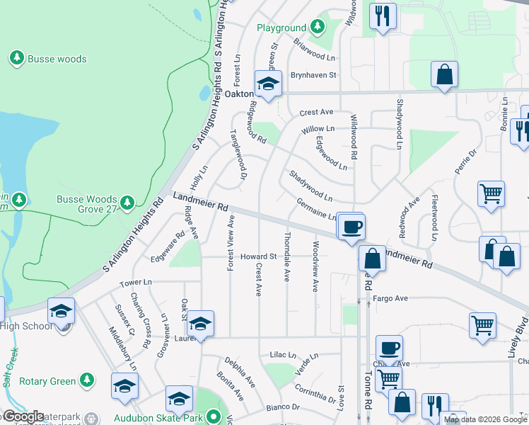 map of restaurants, bars, coffee shops, grocery stores, and more near 400 Landmeier Road in Elk Grove Village