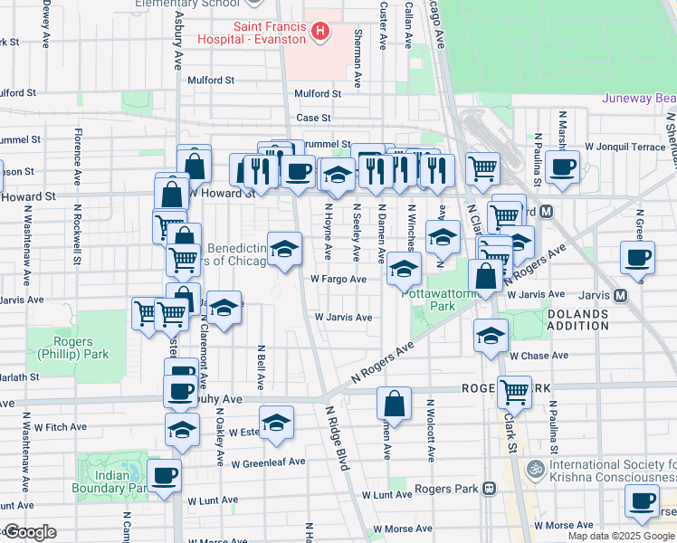 map of restaurants, bars, coffee shops, grocery stores, and more near 2055 West Fargo Avenue in Chicago