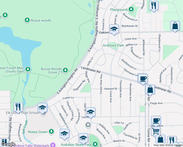 map of restaurants, bars, coffee shops, grocery stores, and more near 306 Castle Drive in Elk Grove Village