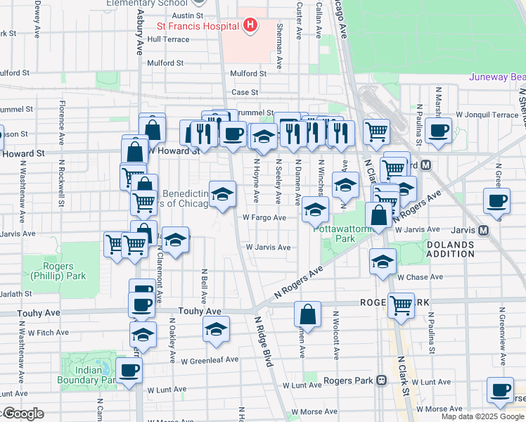 map of restaurants, bars, coffee shops, grocery stores, and more near 2055 West Fargo Avenue in Chicago
