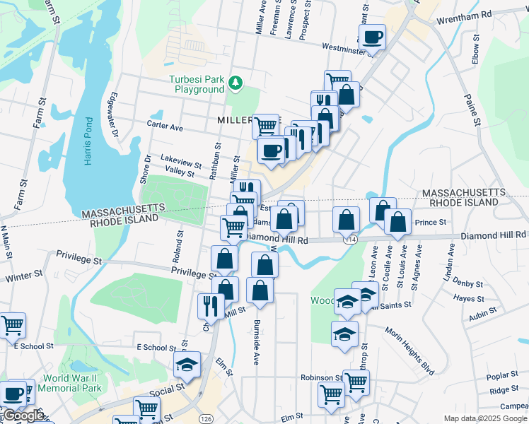 map of restaurants, bars, coffee shops, grocery stores, and more near 160 Adams Street in Woonsocket