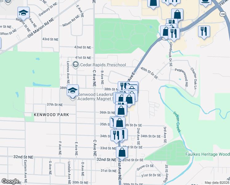 map of restaurants, bars, coffee shops, grocery stores, and more near in Cedar Rapids
