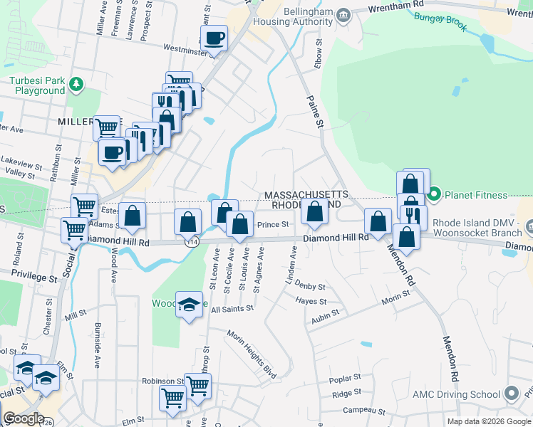 map of restaurants, bars, coffee shops, grocery stores, and more near 46 Prince Street in Woonsocket