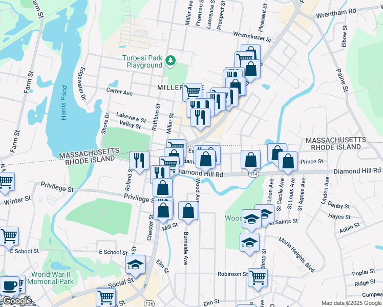 map of restaurants, bars, coffee shops, grocery stores, and more near 160 Adams Street in Woonsocket