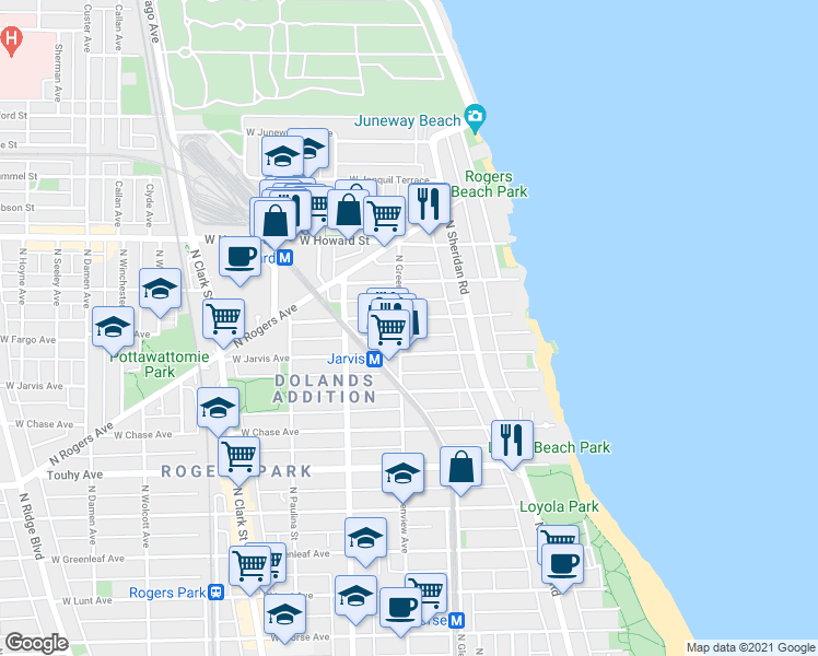 map of restaurants, bars, coffee shops, grocery stores, and more near 1436 West Jarvis Avenue in Chicago