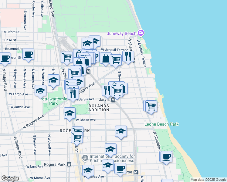 map of restaurants, bars, coffee shops, grocery stores, and more near 1524 West Jarvis Avenue in Chicago