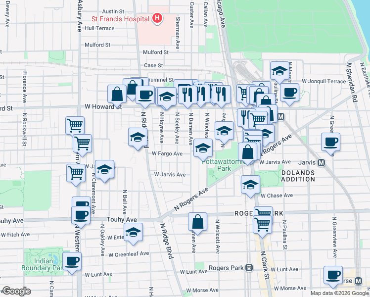 map of restaurants, bars, coffee shops, grocery stores, and more near 2002 West Fargo Avenue in Chicago