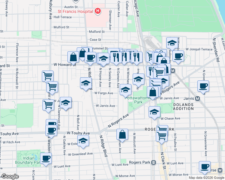 map of restaurants, bars, coffee shops, grocery stores, and more near 2002 West Fargo Avenue in Chicago