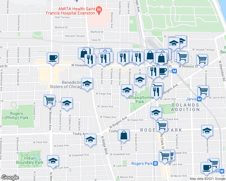 map of restaurants, bars, coffee shops, grocery stores, and more near 2002 West Fargo Avenue in Chicago