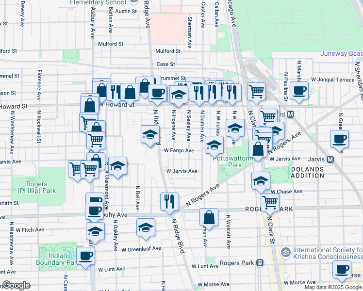 map of restaurants, bars, coffee shops, grocery stores, and more near 2055 West Fargo Avenue in Chicago