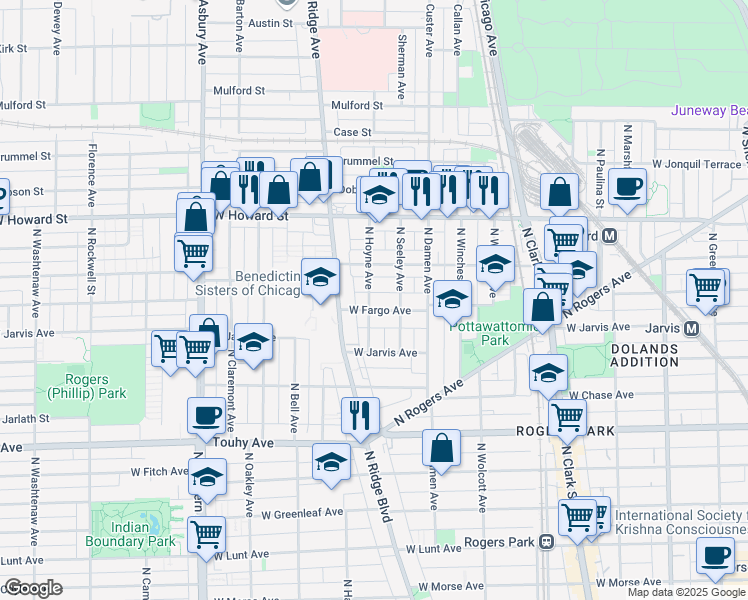 map of restaurants, bars, coffee shops, grocery stores, and more near 2055 West Fargo Avenue in Chicago