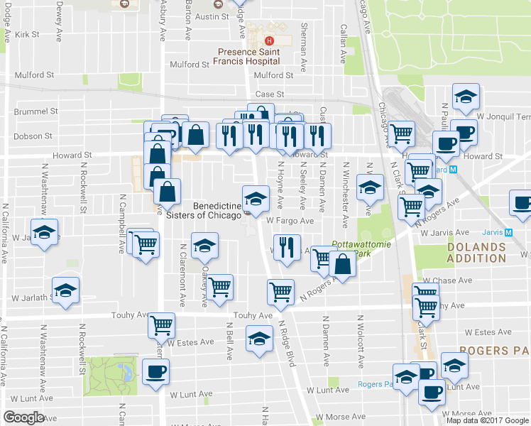 map of restaurants, bars, coffee shops, grocery stores, and more near 7415 North Ridge Boulevard in Chicago