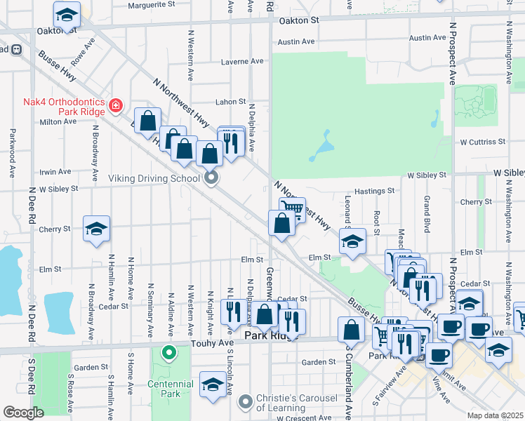 map of restaurants, bars, coffee shops, grocery stores, and more near 510 North Greenwood Avenue in Park Ridge
