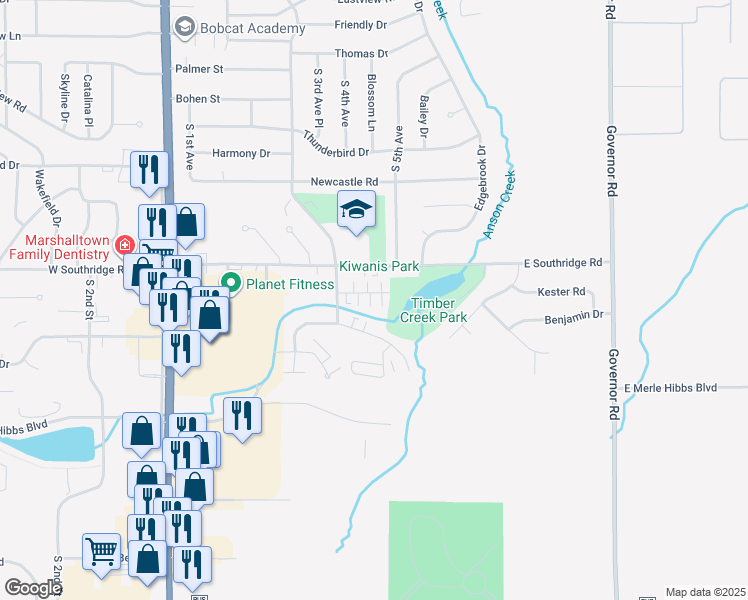 map of restaurants, bars, coffee shops, grocery stores, and more near 403 Melody Lane in Marshalltown