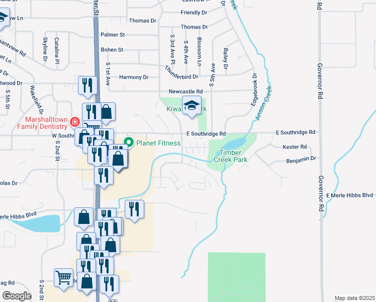 map of restaurants, bars, coffee shops, grocery stores, and more near 403 Melody Lane in Marshalltown