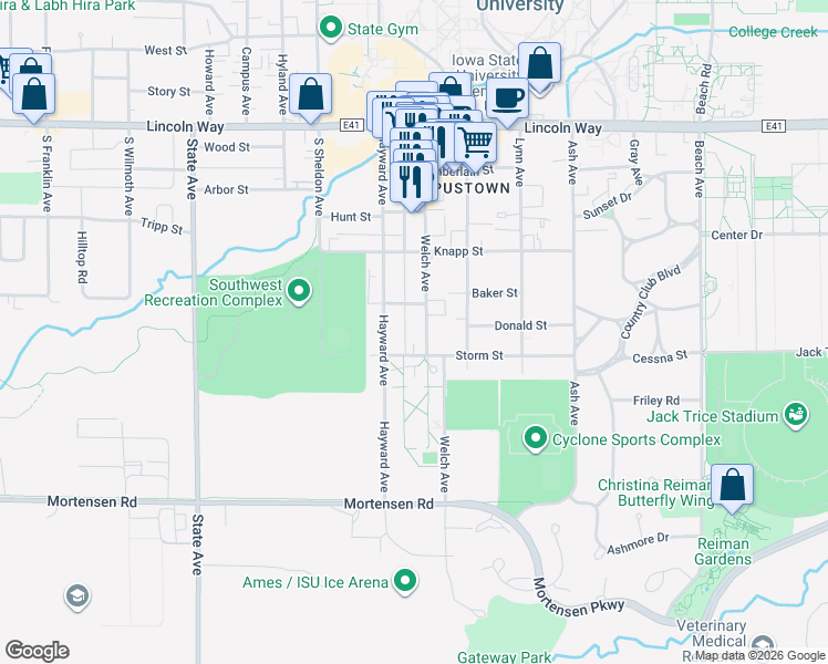 map of restaurants, bars, coffee shops, grocery stores, and more near 2517 Storm Street in Ames