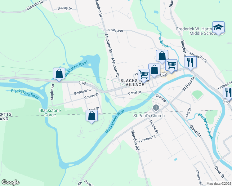 map of restaurants, bars, coffee shops, grocery stores, and more near 4 Church Street in Blackstone