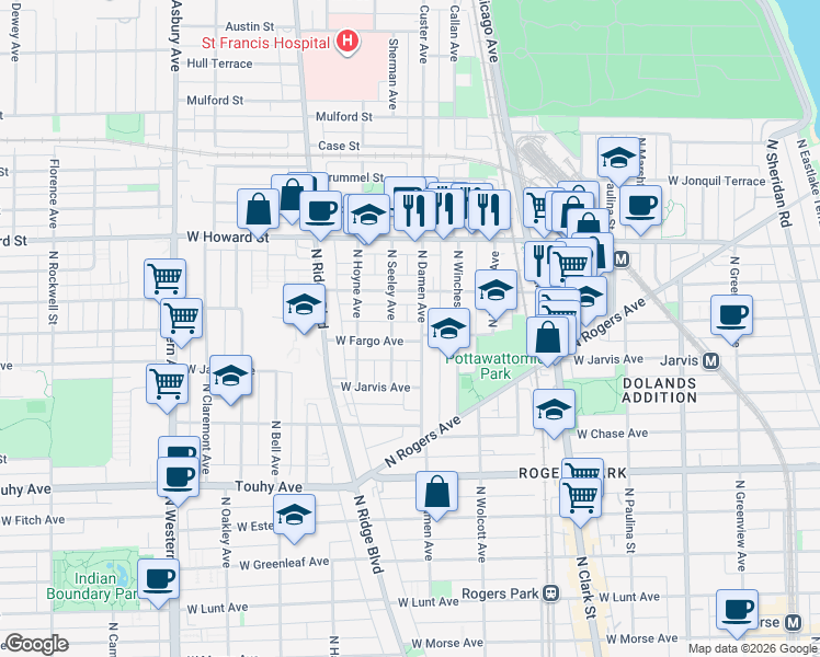 map of restaurants, bars, coffee shops, grocery stores, and more near 2002 West Fargo Avenue in Chicago