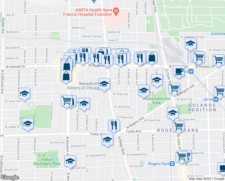 map of restaurants, bars, coffee shops, grocery stores, and more near 2160 West Fargo Avenue in Chicago